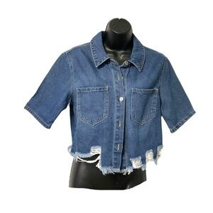 No Boundaries Blue Denim Jean Jacket SZ S Women Frayed Pocket Streetwear College